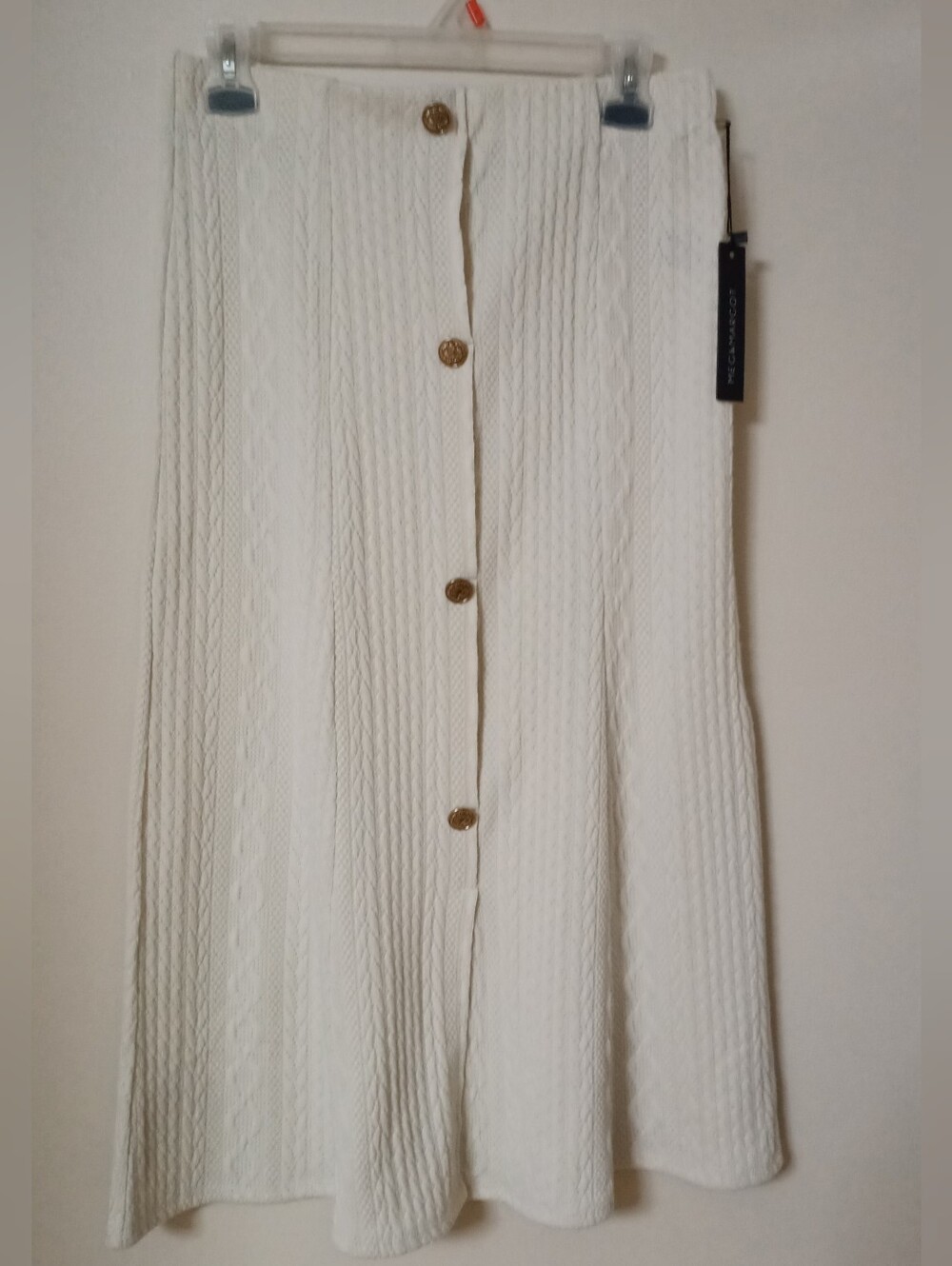 Button-Front Cable Knit Midi Skirt - White